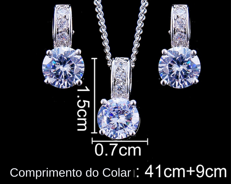 Conjunto Feminino de Colar, Pingente e  Brincos cravejados com Zircônia